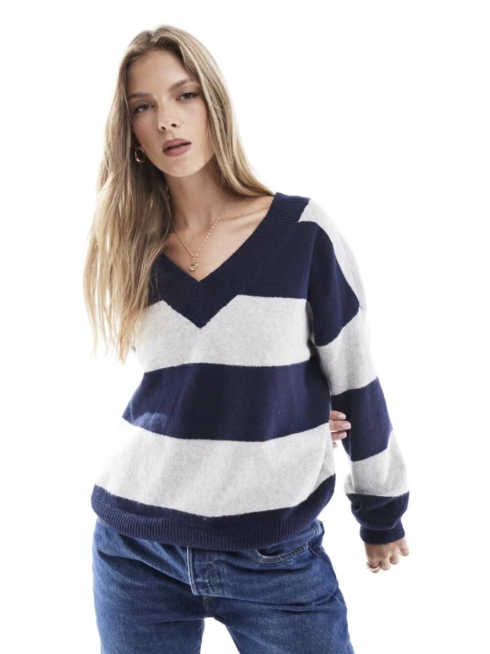 ✰ hollister v-neck cable jumper in blue and grey stripe ✰